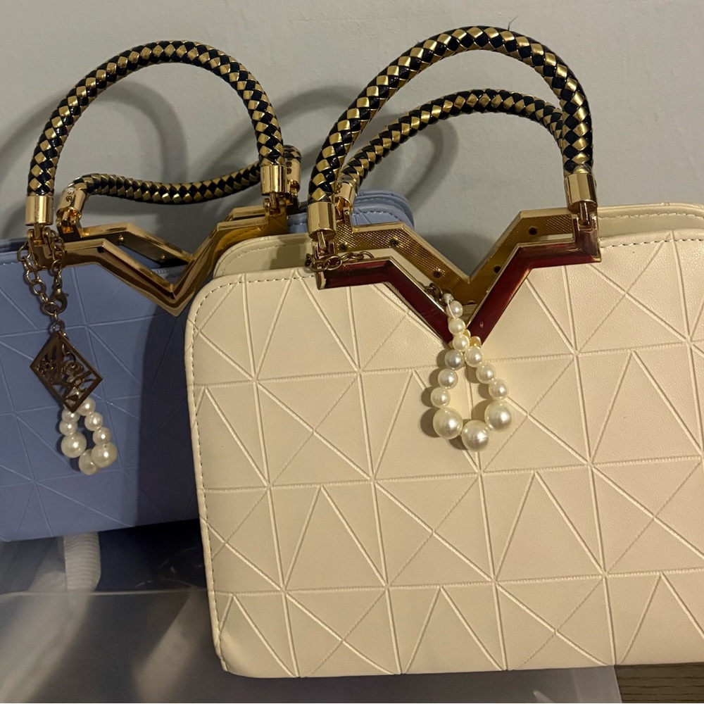 Cream Geometric Pearl Charm Satchel Handbag